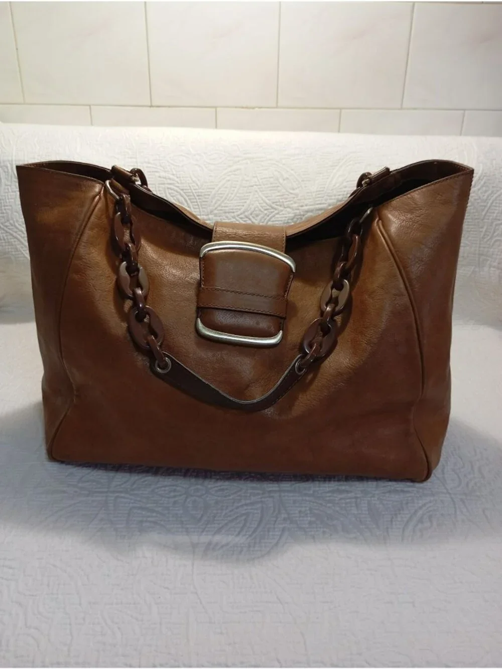 Banana Republic Brown Leather Chain Strap Tote Handbag Silver  Stylish Functiona